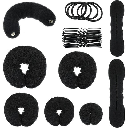 Yinder 34 Piece Donut Hair Bun Maker Set front view showing black mesh rings and foam shapers.