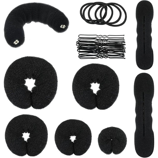 Yinder 34 Piece Donut Hair Bun Maker Set front view showing black mesh rings and foam shapers.