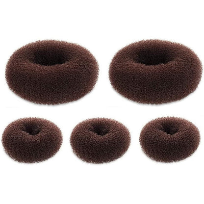 SQULIGT five pieces donut hair bun maker front view showcasing dark brown mesh rings.