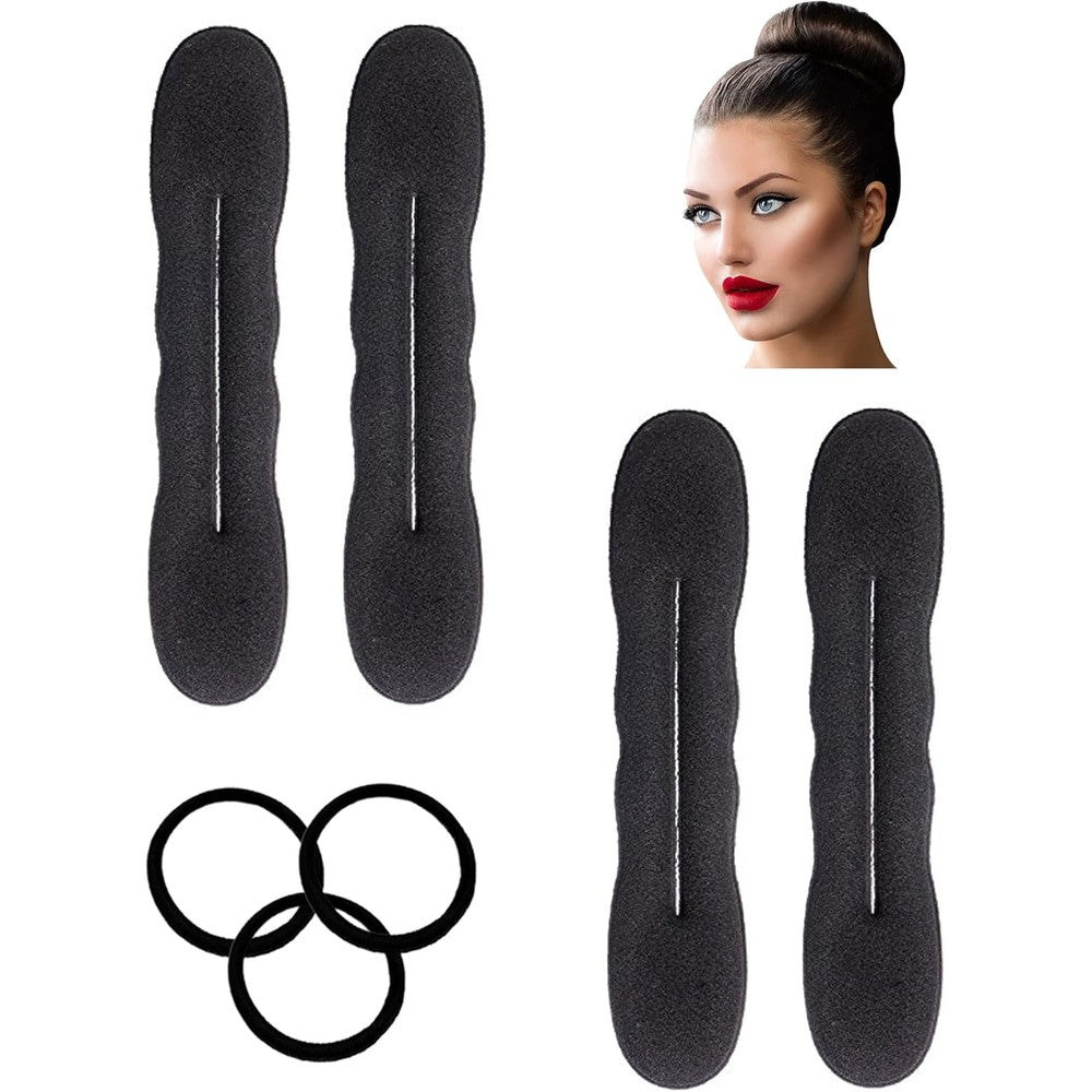 Styla Hair Black Magic Hair Bun Maker Four Pack front view showcasing the large black foam sponge tools and elastic bands.