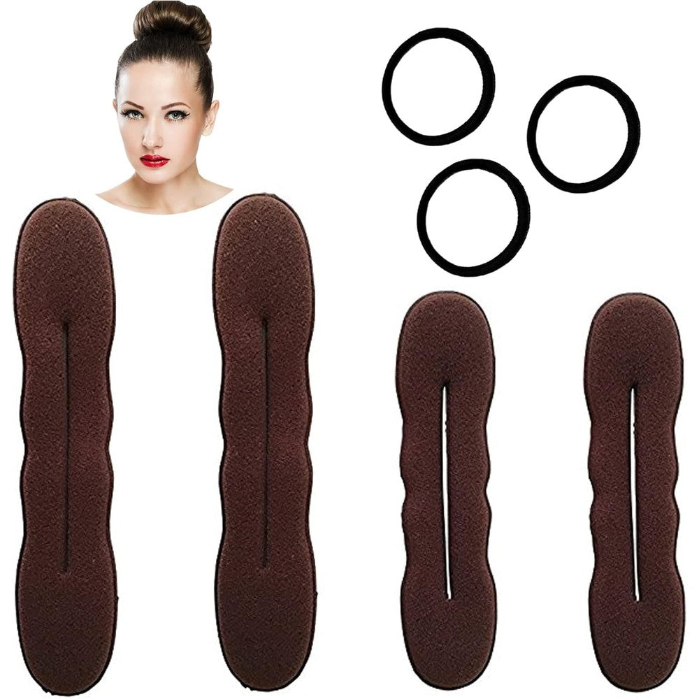 Styla Hair Magic Bun Maker front view showing four brown foam sponge shapers and three matching hair ties.