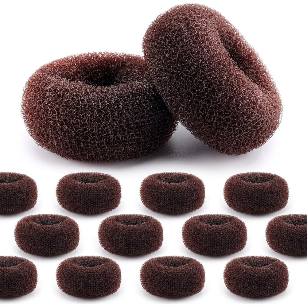 HOFASON hair bun maker donut medium brown twelve count package front view showing mesh texture.