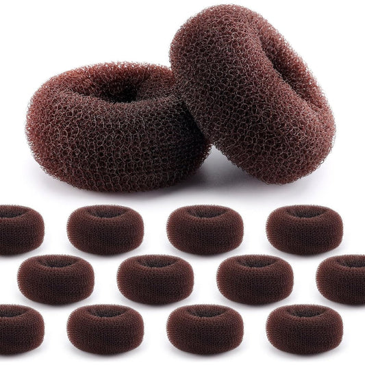 HOFASON hair bun maker donut medium brown twelve count package front view showing mesh texture.