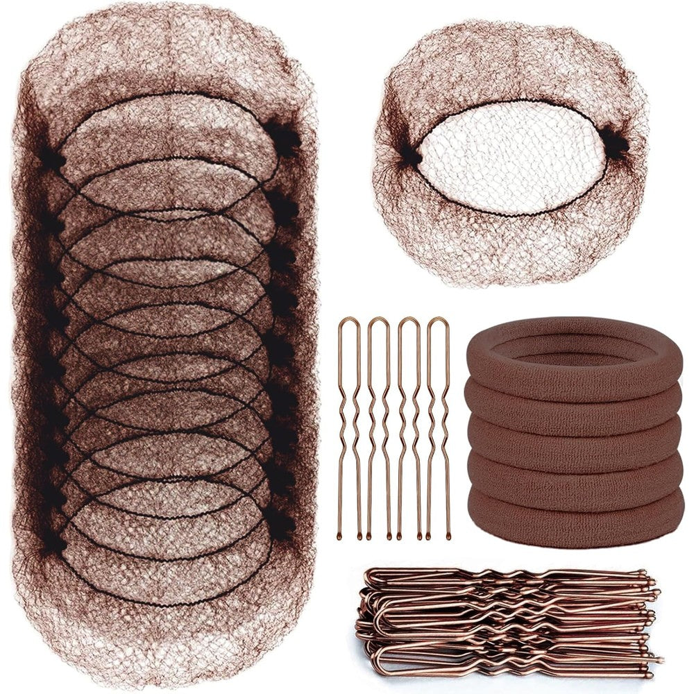TsMADDTs hair nets and U shaped pins set front view showing brown mesh packaging
