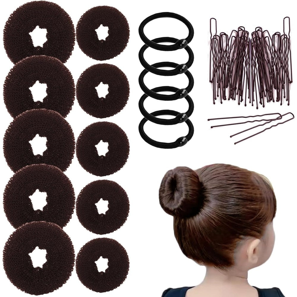 FORESRUM 10 Piece Hair Bun Maker front view showing brown foam donuts and accessories