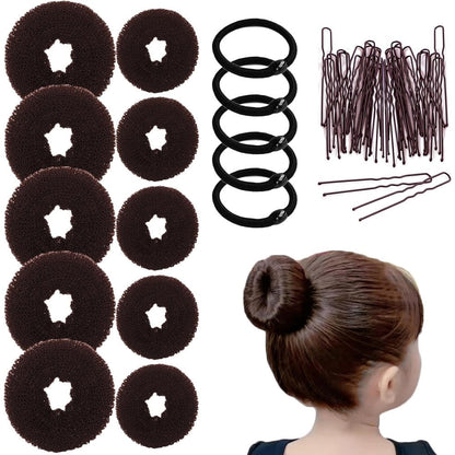 FORESRUM 10 Piece Hair Bun Maker front view showing brown foam donuts and accessories