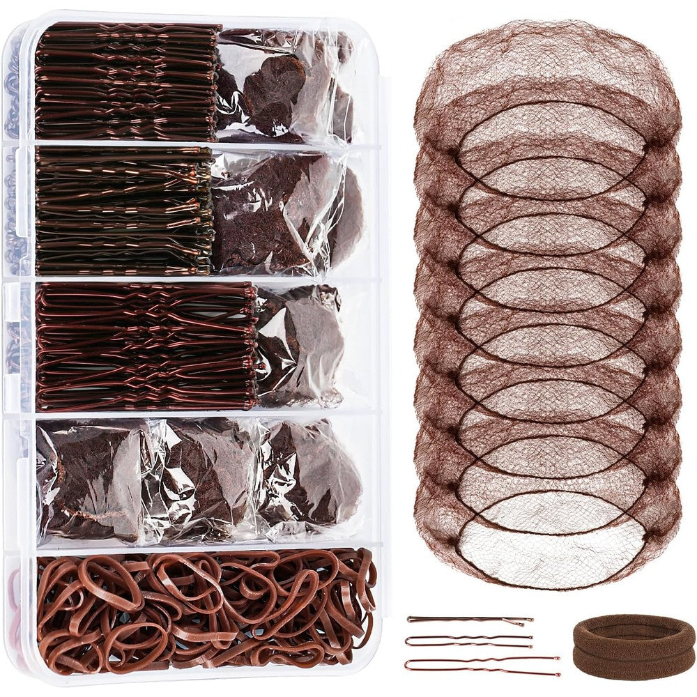 YGQQOY dance hair accessories kit front view showing the complete brown styling set neatly organized