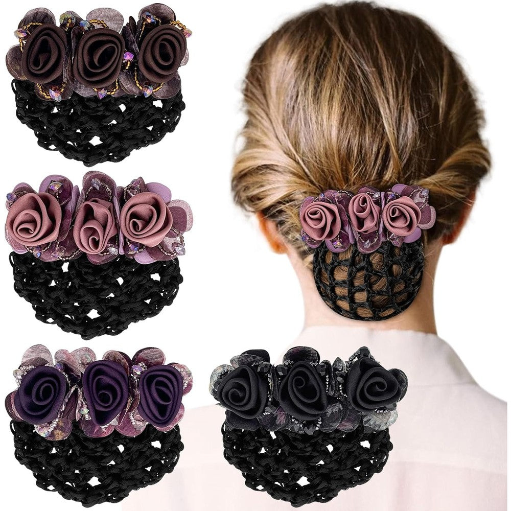 Ravlzors flower hair bun holder covers front view showing black ribbon design.