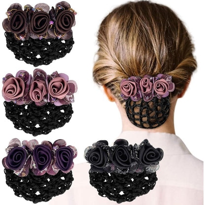 Ravlzors flower hair bun holder covers front view showing black ribbon design.