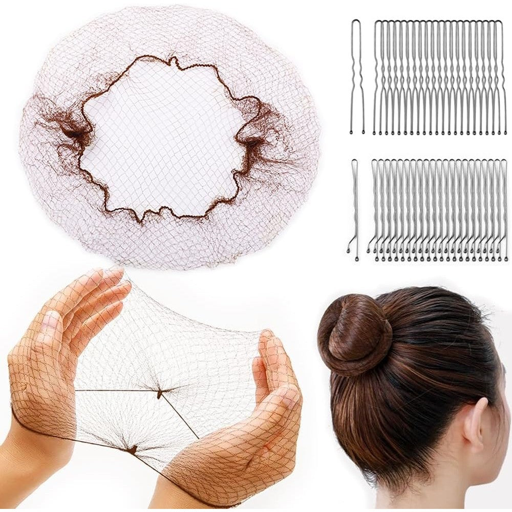 SIKCOSKI invisible elastic hair nets set front view showing brown mesh nets and matching hairpins