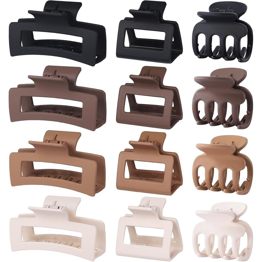 Generic 12 piece hair claw clip set front view in matte brown