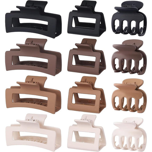 Generic 12 piece hair claw clip set front view in matte brown