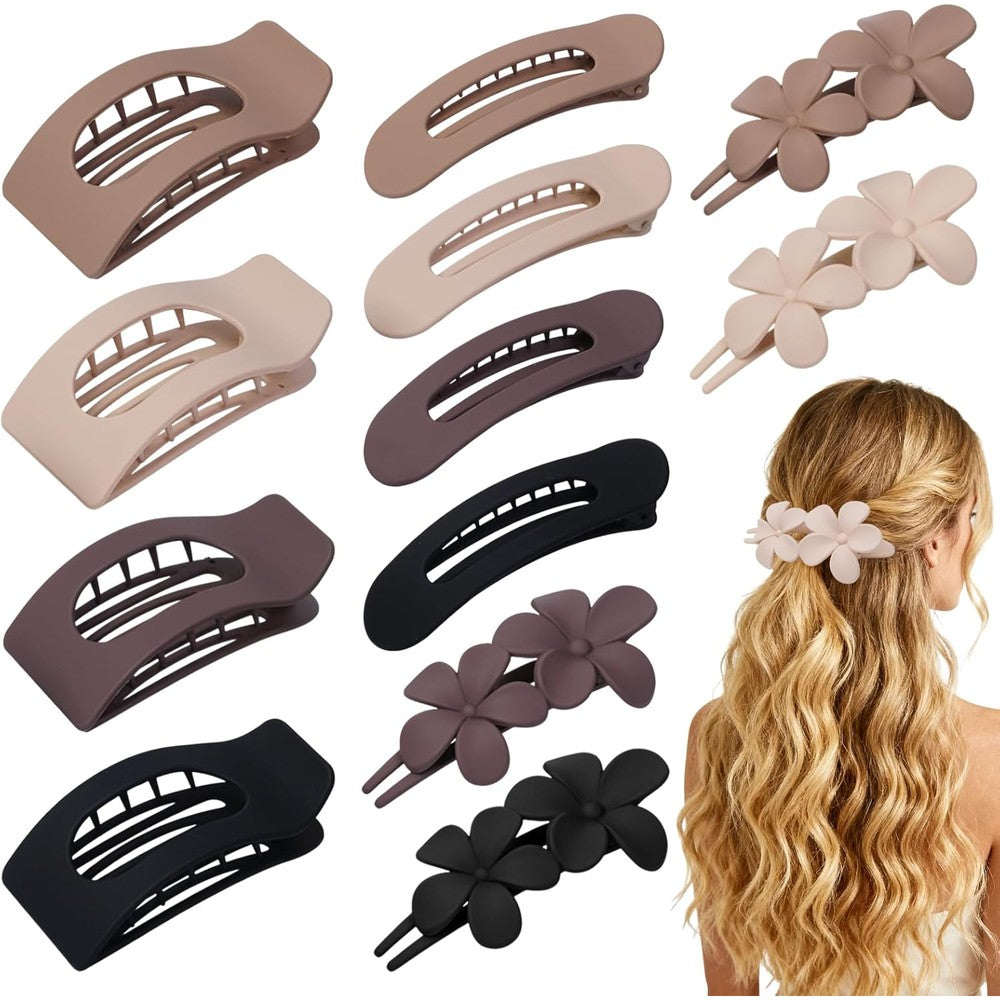 Hq-Site 12 pack flat hair clips set featuring matte neutral square claw clips