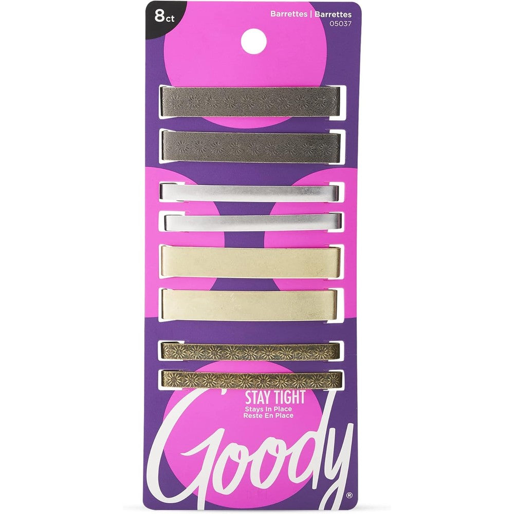 Goody Stay Tight Hair Barrettes 8 count package front view showing assorted metallic colors.