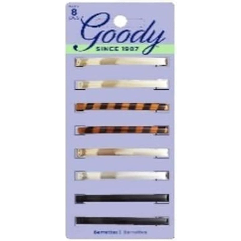 Goody Classics Patterned Staytight Hair Barrettes eight count pack front view showcasing assorted metallic finishes.