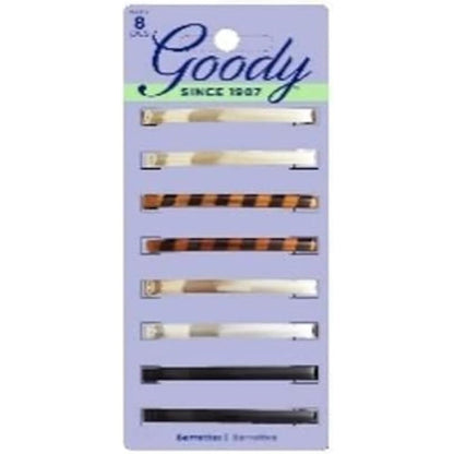 Goody Classics Patterned Staytight Hair Barrettes eight count pack front view showcasing assorted metallic finishes.