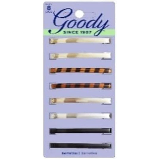 Goody Classics Patterned Staytight Hair Barrettes eight count pack front view showcasing assorted metallic finishes.