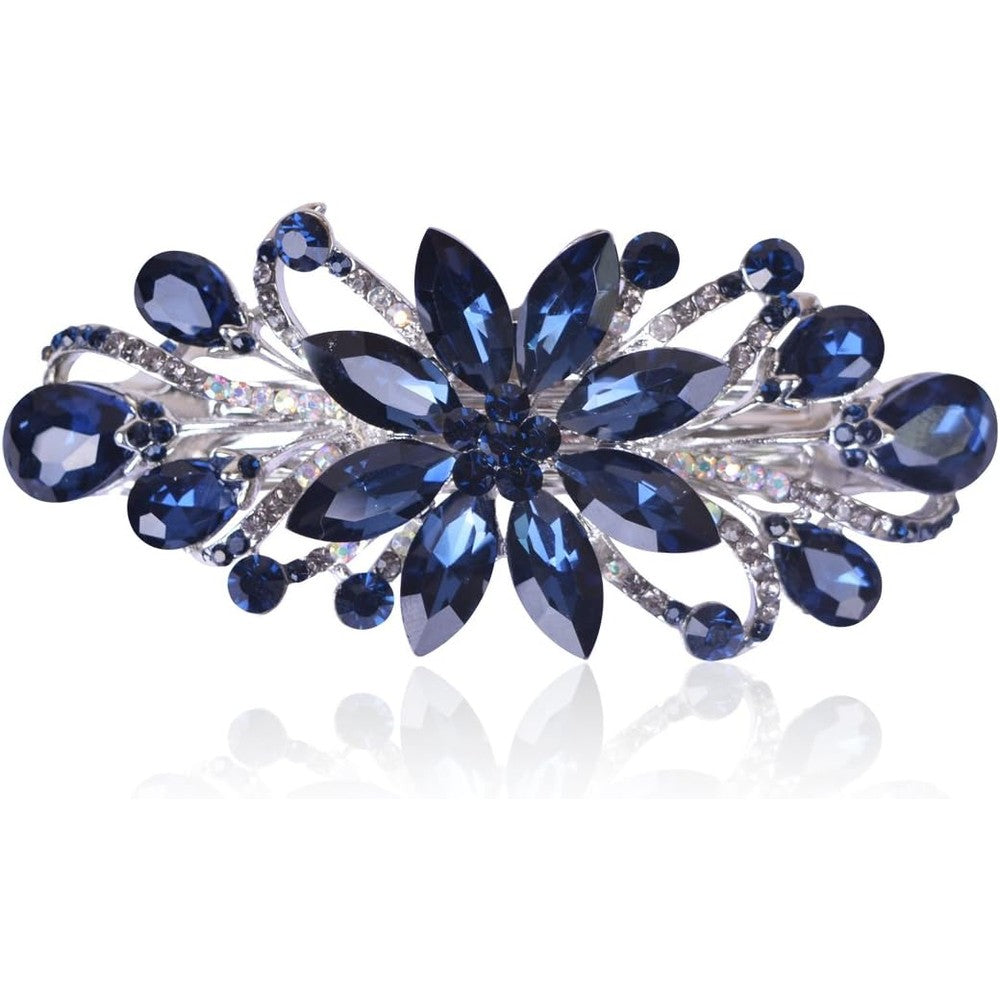 Sankuwen flower luxury jewelry hairpin dark blue front view showing the rhinestone encrusted floral pattern