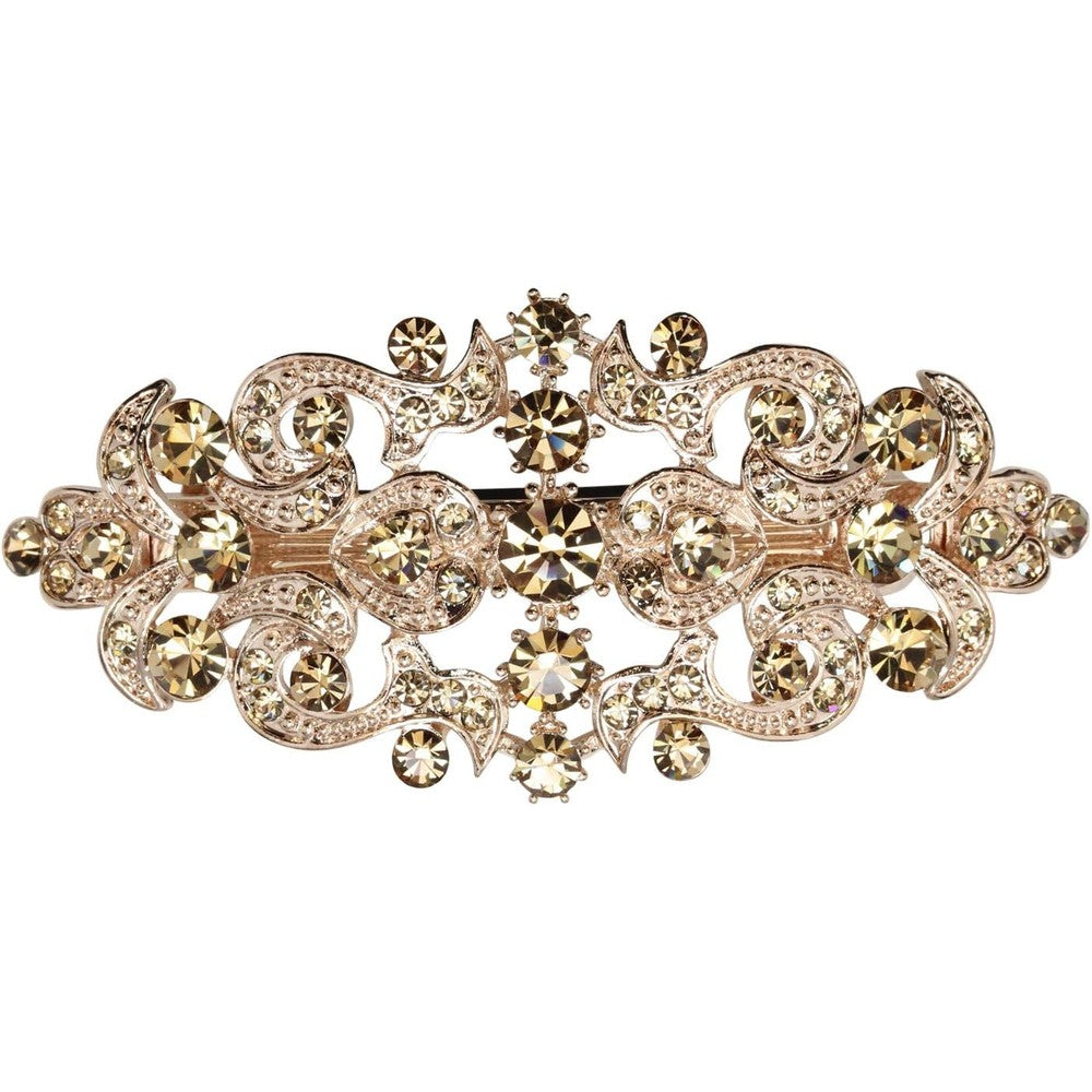 Faship Champagne Yellow Floral Hair Barrette front view showing sparkling rhinestone crystals on rose gold tone base.