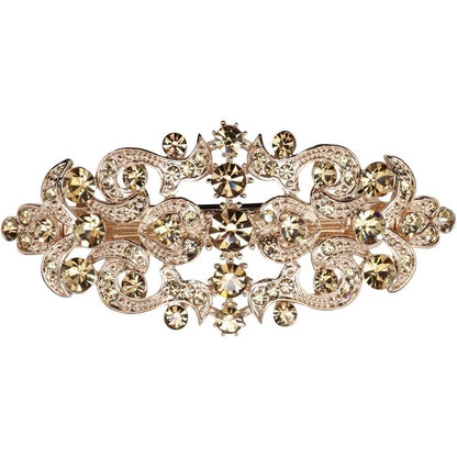 Faship Champagne Yellow Floral Hair Barrette front view showing sparkling rhinestone crystals on rose gold tone base.
