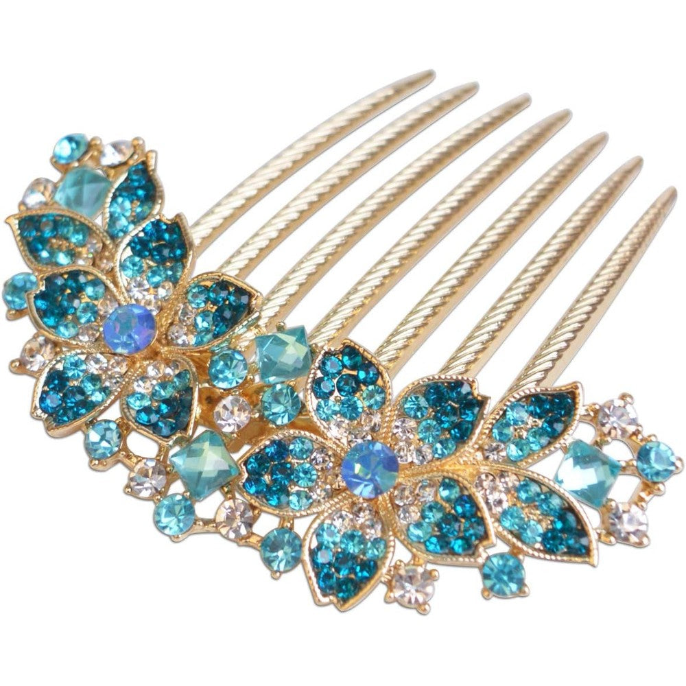 Sankuwen rhinestone flower hair comb front view showing blue crystals and gold tone metal finish