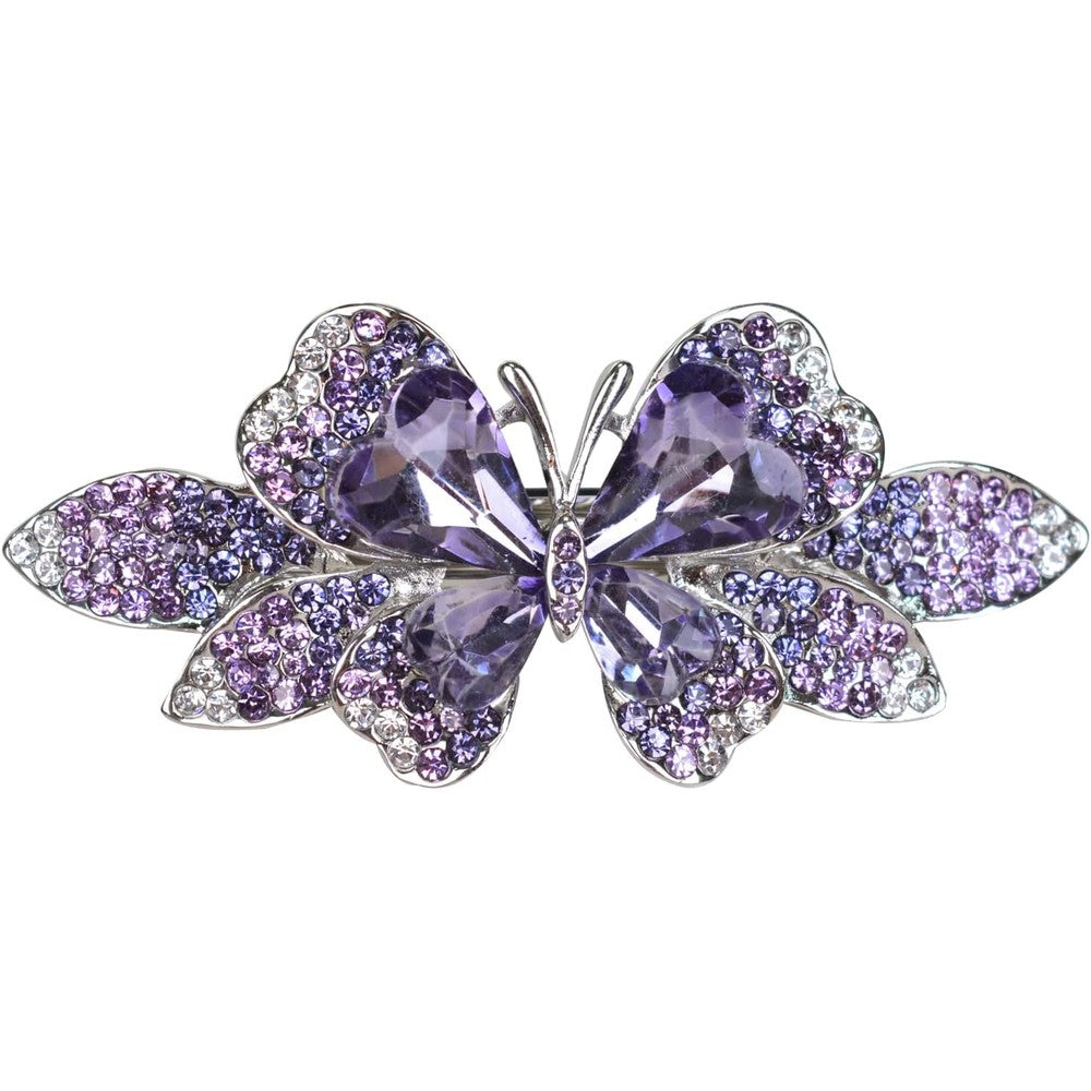 Sankuwen crystal rhinestone butterfly hair barrette front view showing purple crystals