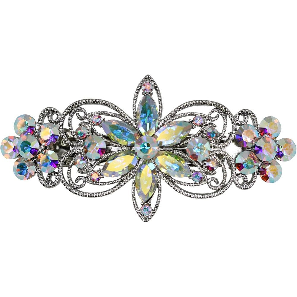 Faship gorgeous multicolors AB rhinestone crystal flora hair barrette clip front view showcasing iridescent sparkle.