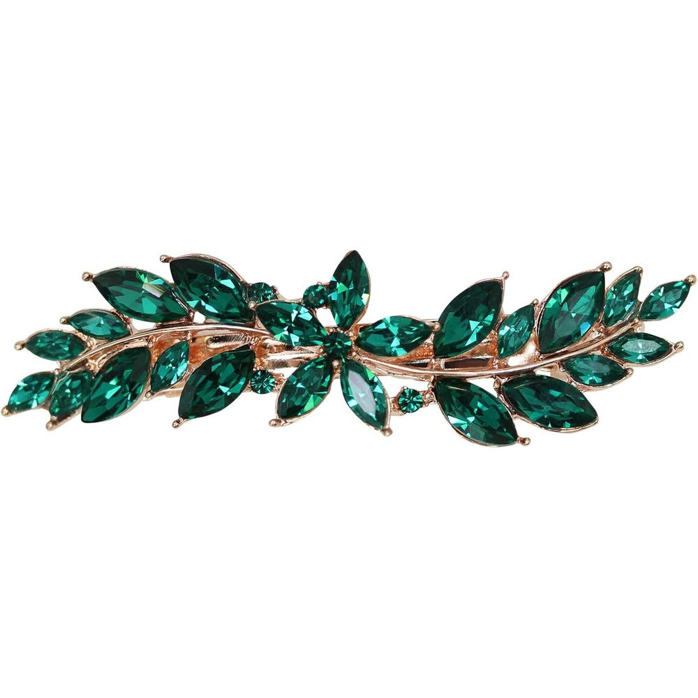 Faship emerald green rhinestone crystal small floral hair barrette clip front view showing sparkling flower pattern and premium rose gold plating.