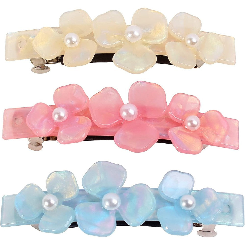 Jayongnee clip large French flower pearl hair barrettes front view showing acrylic finish
