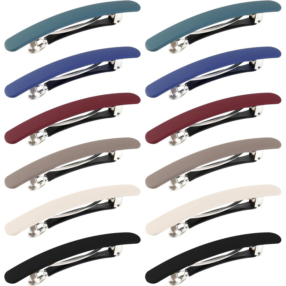 DF DUALFERV matte French hair barrettes twelve pieces front view showcasing six assorted solid colors.