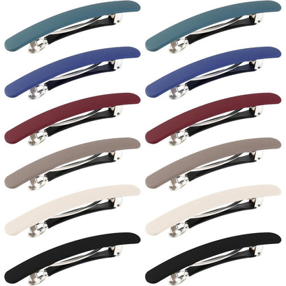 DF DUALFERV matte French hair barrettes twelve pieces front view showcasing six assorted solid colors.