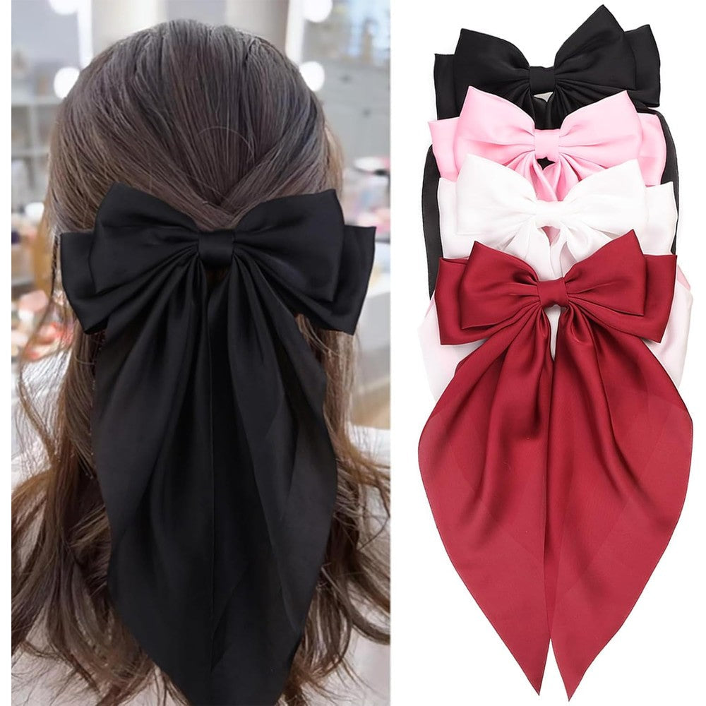 MRJ silky satin hair bows front view showcasing the large black ribbon design.