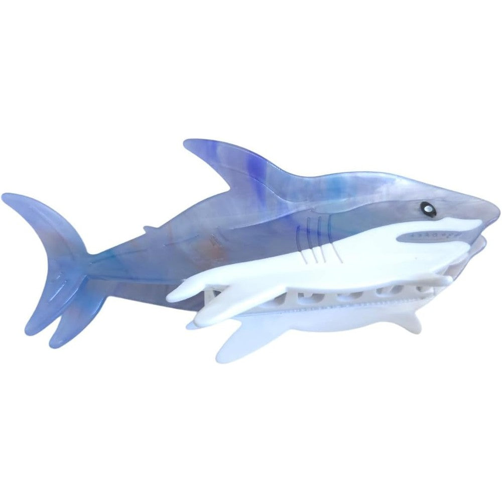 OMG Decor Funny Big White Shark Hair Clip front view featuring the greyblue acetate design and interlocking teeth.