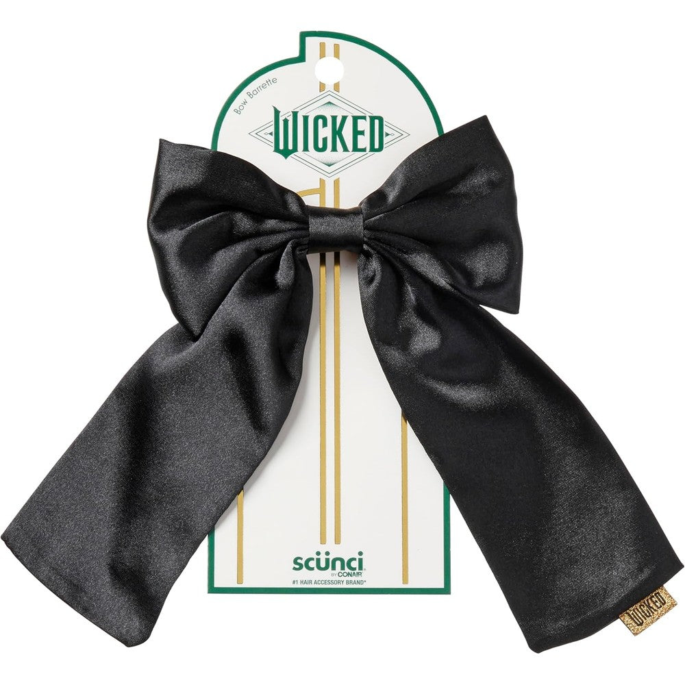 Conair Scunci Wicked black satin bow barrette front view showing long scarf tails