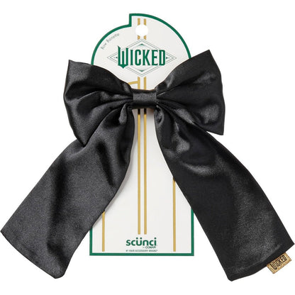 Conair Scunci Wicked black satin bow barrette front view showing long scarf tails