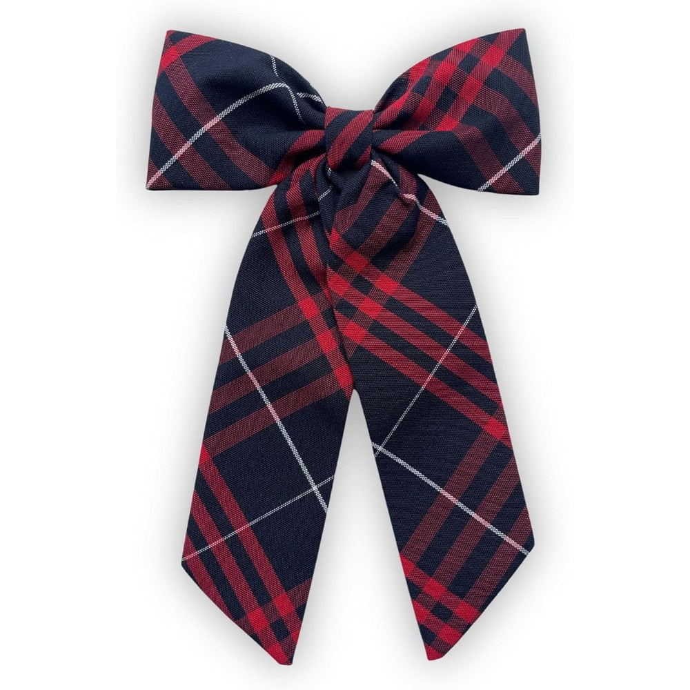ClassExceed Jumbo Plaid Hair Bow front view classic navy blue and red school uniform style accessory