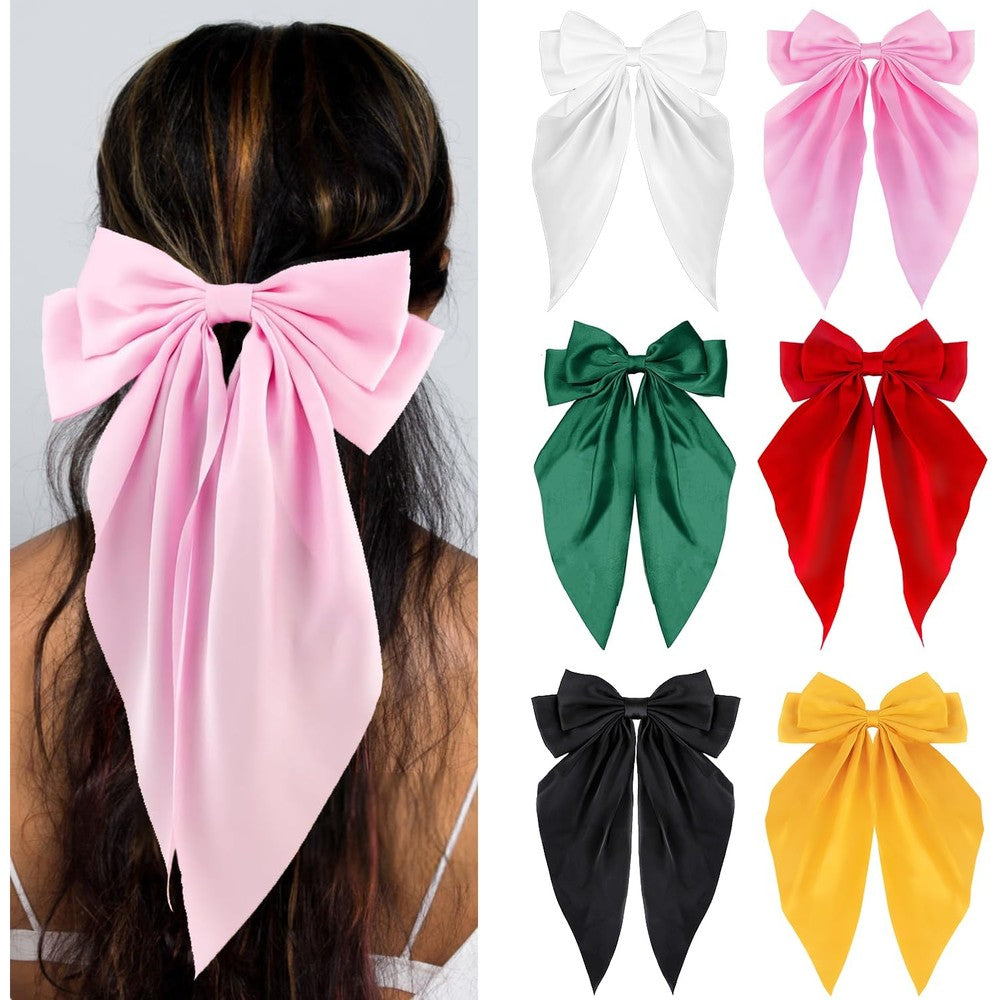 Loqpol silky satin hair bows front view showcasing the premium collection of six colorful oversized hair accessories