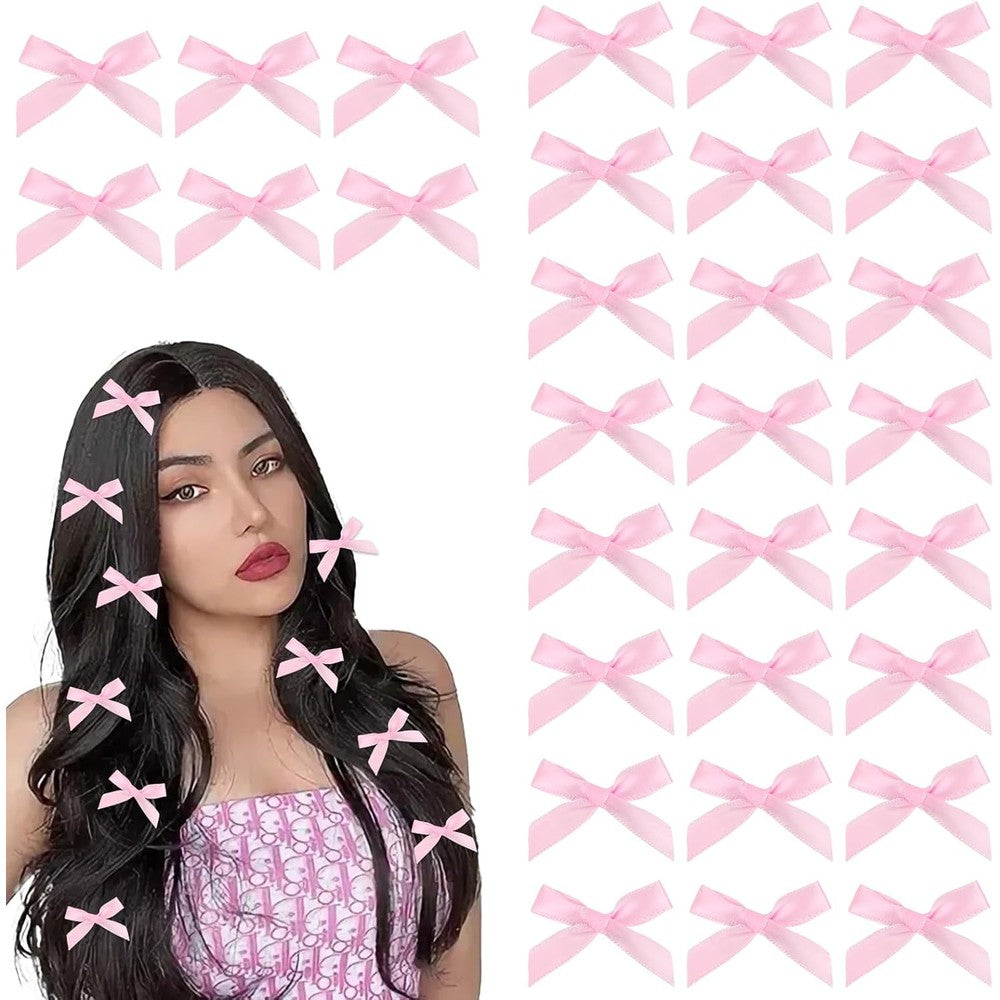 CAVETEE mini satin bow hair clips pink front view showing premium ribbon design.