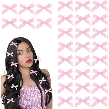 CAVETEE mini satin bow hair clips pink front view showing premium ribbon design.