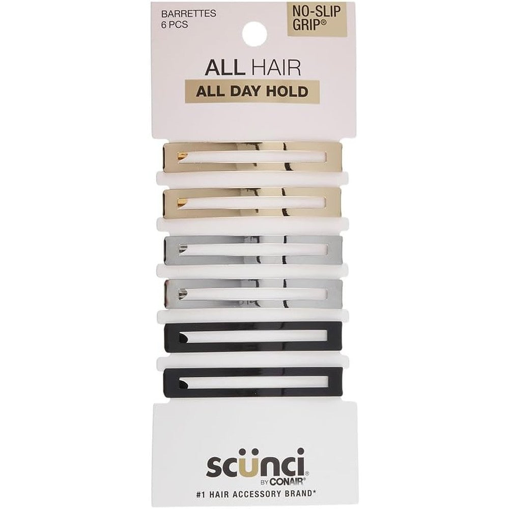 Conair Scunci metallic hair barrettes pack of six front view showcasing gold black and silver colors
