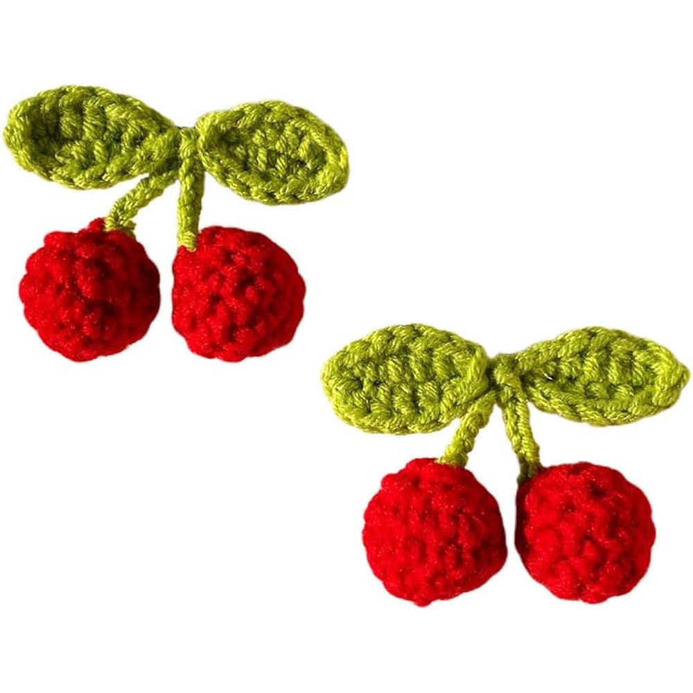 Coolideas handmade wool crocheted cherry hair clips front view showing vibrant red berries and green leaves