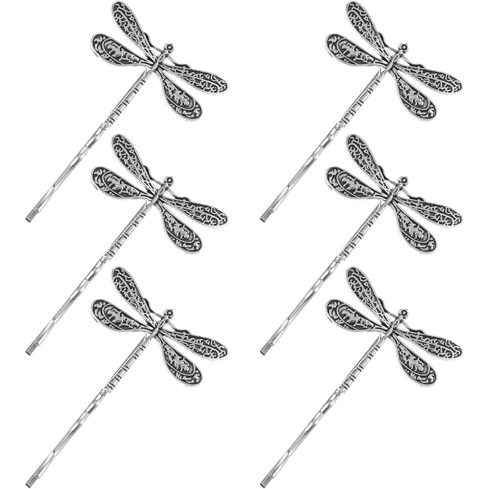 HJZHII 6 piece dragonfly hair clip front view of antique silver vintage barrettes