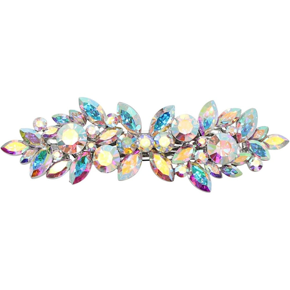 Faship gorgeous multicolor AB rhinestone floral hair barrette front view showcasing iridescent crystal sparkle