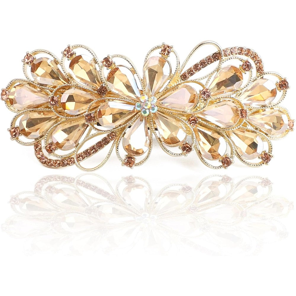 Beaupretty Large Gorgeous Rhinestone Hair Barrette front view showing champagne flower design.