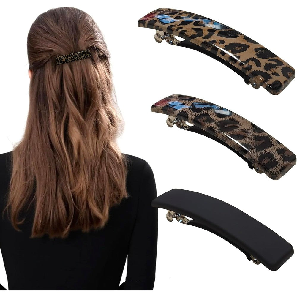 Fsmiling small hair barrettes pack of three showcasing the front view of rectangle cellulose acetate designs.