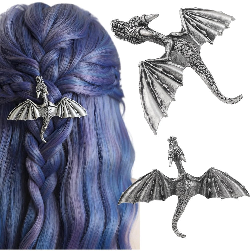 XJYHDY gothic dragon hair clip front view showcasing intricate silver wings and metallic claw teeth.