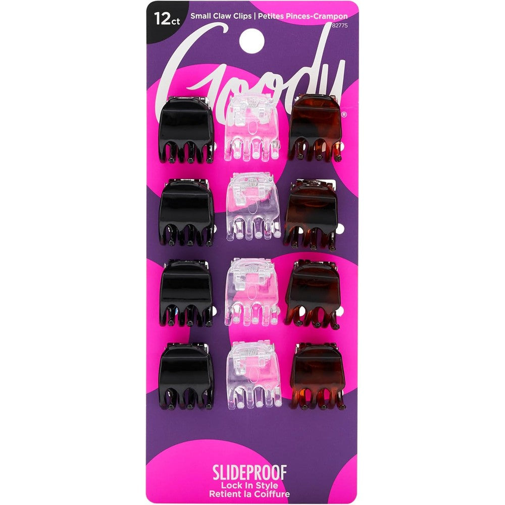 Goody small basic half claw hair clips twelve count package front view showing neutral colors.