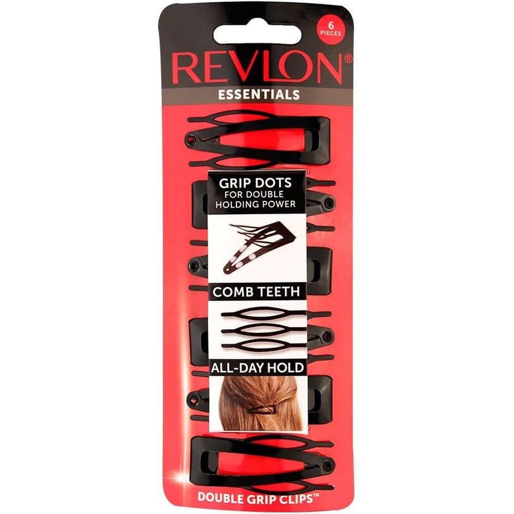 Revlon Essentials Double Grip Black Hair Clips front view pack of six