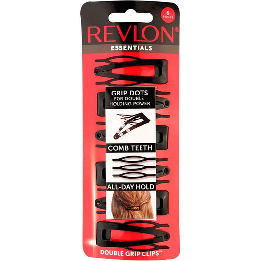 Revlon Essentials Double Grip Black Hair Clips front view pack of six