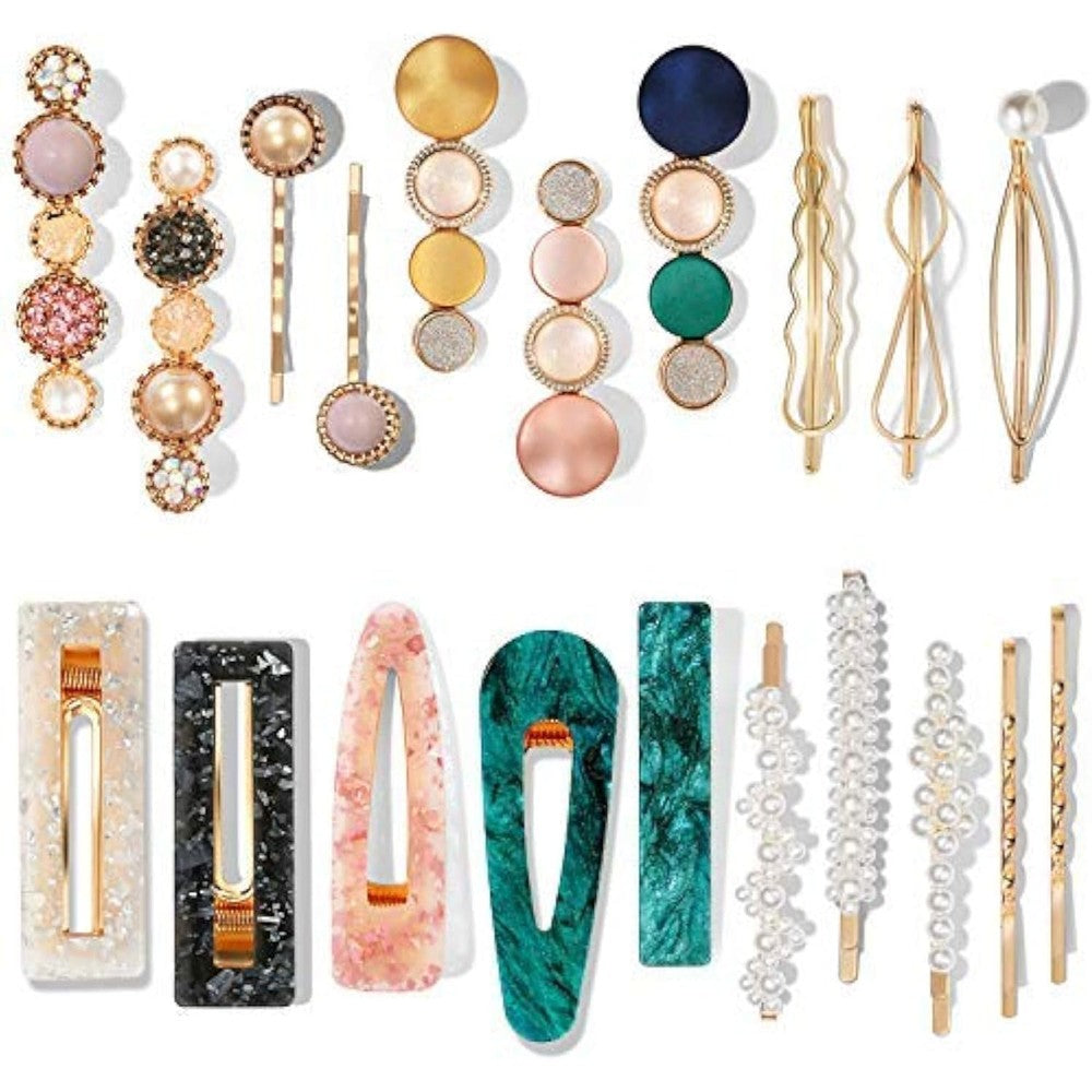 Mehayi twenty pieces macaron pearl hair clips set front view showing a variety of colorful geometric barrettes.